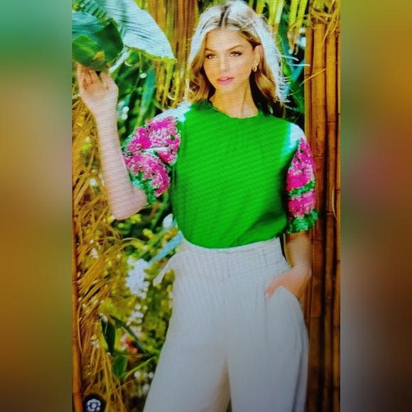THML Tops - NEW THML Anthropologie Embroidered Puff Sleeve Green Top M